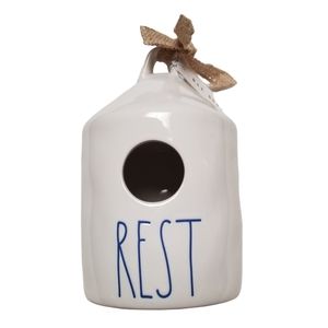 RAE DUNN Rest White and Blue Round Birdhouse